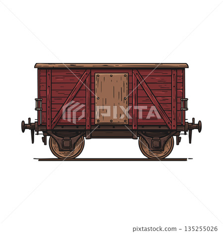Vintage wooden cargo train wagon with detailed wheels and hinges vector illustration 135255026