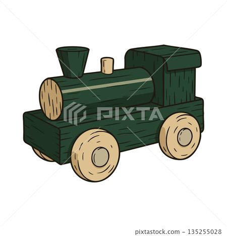 Wooden toy train locomotive dark green and natural wood colors vector illustration 135255028