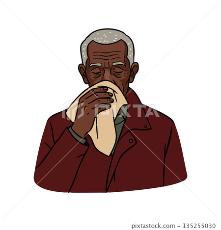 Elderly Man Sneezing with Handkerchief Wearing Red Coat Vector Illustration Elderly Man Sneezing with Handkerchief Wearing Red Coat Vector Illustration 135255030