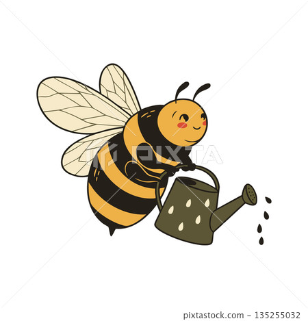 Cute bee holding watering can vector with beige wings and yellow black stripes 135255032