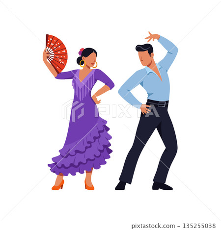Flamenco dancers performing traditional Spanish dance with fan and colorful costume vector illustration 135255038
