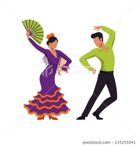 Flamenco dancers performing traditional Spanish dance with fan and vibrant costumes vector illustration 135255041