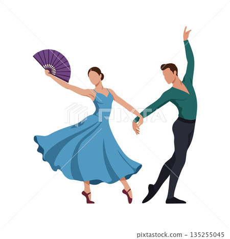 Flamenco dancers performing elegant traditional dance with fan and flowing blue dress vector illustration 135255045