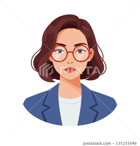 Young woman with short brown hair wearing red glasses and blue jacket vector illustration 135255046