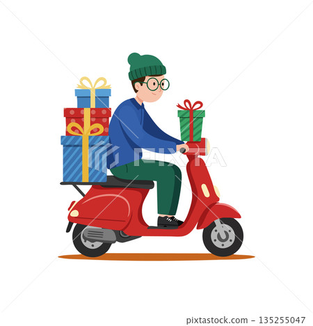 Man riding red scooter delivering colorful wrapped gift boxes in winter outfit vector illustration 135255047