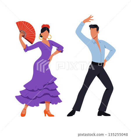 Flamenco dancers woman with red fan and man in blue shirt performing traditional Spanish dance vector illustration 135255048