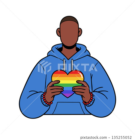 Person holding rainbow heart symbol of LGBTQ pride in blue hoodie vector illustration Person holding rainbow heart symbol of LGBTQ pride in blue hoodie vector illustration 135255052