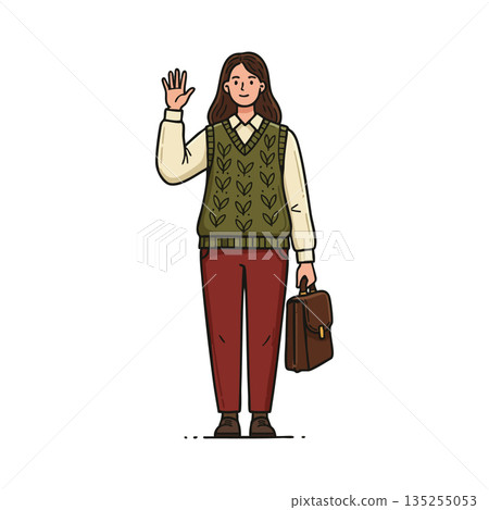 Young woman waving hand holding briefcase with autumn colors vector illustration 135255053