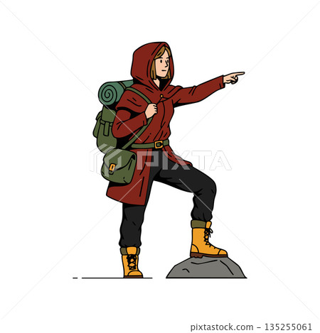 Hiker in red jacket with backpack pointing forward standing on rock vector illustration Hiker in red jacket with backpack pointing forward standing on rock vector illustration 135255061