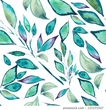 Seamless background with simple watercolor leaves. Summer pattern. Hand drawing. Not AI, Vector illustration. Seamless background with simple watercolor leaves. Summer pattern. Hand drawing. Not AI, Vector illustration. 135255087