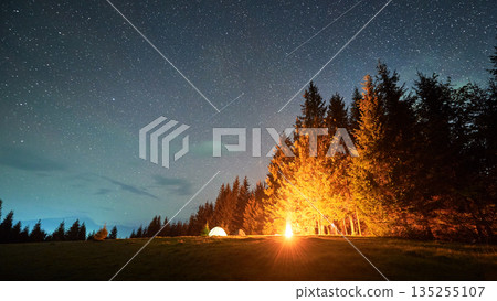Campfire glows warmly beside several illuminated tents on grassy clearing under star-filled sky with scattered clouds. Tall pine trees frame scene, highlighting serene beauty of night in nature. Campfire glows warmly beside several illuminated tents on grassy clearing under star-filled sky with scattered clouds. Tall pine trees frame scene, highlighting serene beauty of night in nature. 135255107