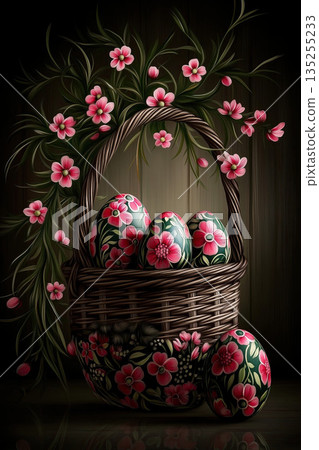 Romantic Arrangement Of Pastel Eggs Adorned With Pink Blooms Nestled In Wicker Basket Against Dark Background 135255233