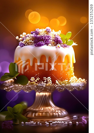 Sophisticated White Cake Decorated With Tiny Flowers And Refined Shimmering Glaze For Special Occasions 135255269