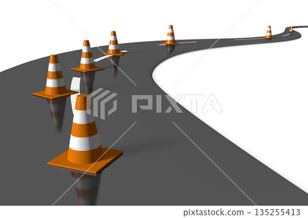Orange and white traffic cones and winding road - 3D illustration Orange and white traffic cones and winding road - 3D illustration 135255413