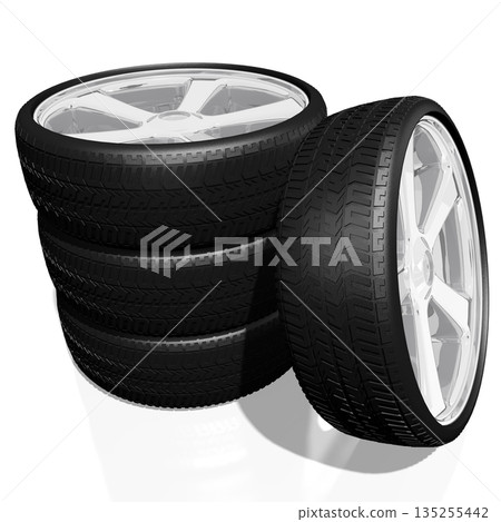 Four car wheels on white background - 3D illustration 135255442