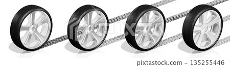 Four car wheels on white background - 3D illustration Four car wheels on white background - 3D illustration 135255446