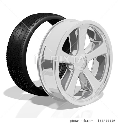 Car wheel with separate rip and tire - 3D illustration Car wheel with separate rip and tire - 3D illustration 135255456