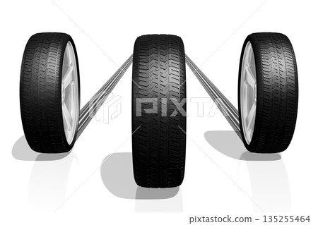 Three car wheels on white background - 3D illustration Three car wheels on white background - 3D illustration 135255464