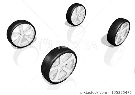 Four car wheels on white background - 3D illustration Four car wheels on white background - 3D illustration 135255475