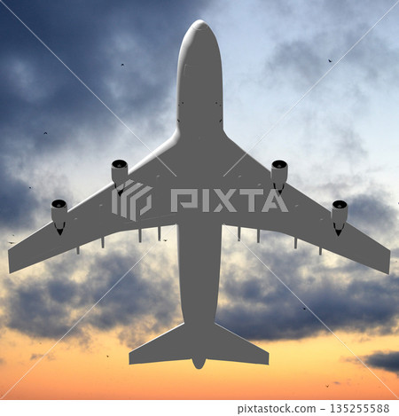 Passenger jet plane flying in the air - 3D illustration Passenger jet plane flying in the air - 3D illustration 135255588