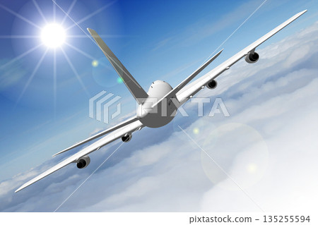 Passenger jet plane flying in the air - 3D illustration 135255594