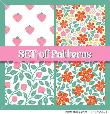 Soft Delicate Seamless Botanical and Strawberry Pattern Set with Gentle Natural Elements Soft Delicate Seamless Botanical and Strawberry Pattern Set with Gentle Natural Elements 135255621