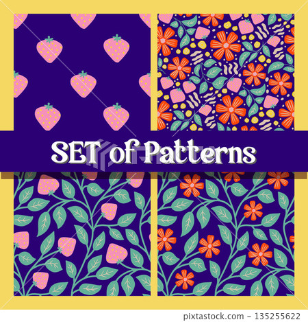 Bright Seamless Botanical and Strawberry Pattern Set with Vibrant Colorful Summer Elements 135255622