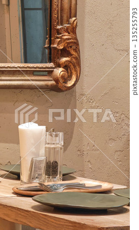 Cozy cafe table setting with plates Cozy cafe table setting with plates 135255793