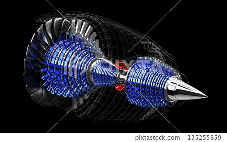 Jet engine inside - on black background - 3D illustration 135255859