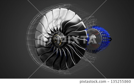 Jet engine inside - on grey background - 3D illustration 135255860