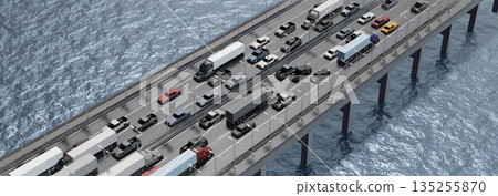 Cars on a bridge with multiple lanes - 3D illustration Cars on a bridge with multiple lanes - 3D illustration 135255870