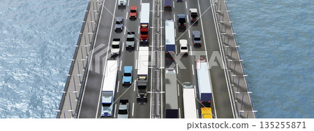 Cars on a bridge with multiple lanes - 3D illustration Cars on a bridge with multiple lanes - 3D illustration 135255871