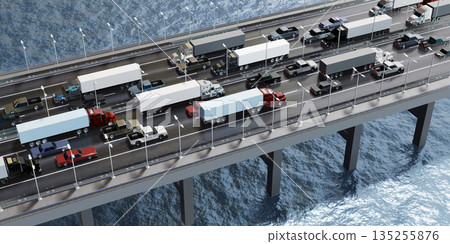 Cars on a bridge with multiple lanes - 3D illustration 135255876