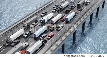 Cars on a bridge with multiple lanes - 3D illustration 135255877