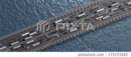 Cars on a bridge with multiple lanes - 3D illustration Cars on a bridge with multiple lanes - 3D illustration 135255885