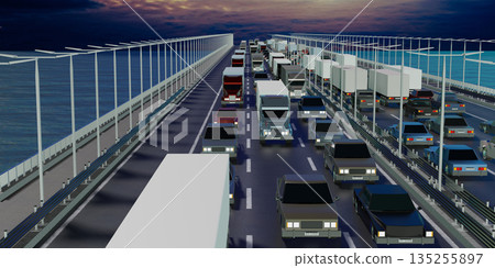 Cars on a bridge with multiple lanes - 3D illustration Cars on a bridge with multiple lanes - 3D illustration 135255897
