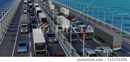 Cars on a bridge with multiple lanes - 3D illustration 135255898