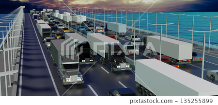 Cars on a bridge with multiple lanes - 3D illustration 135255899