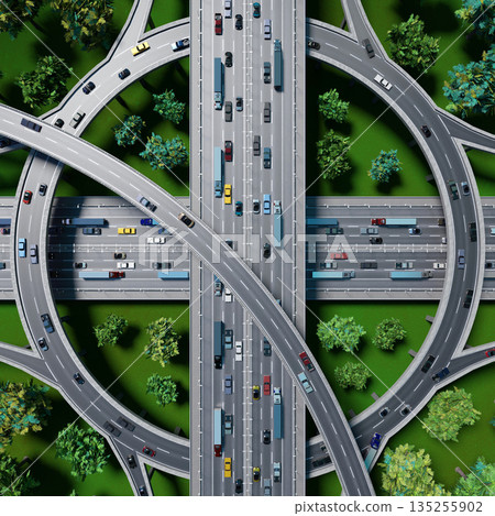Highway intersection with heavy traffic - view from the above - 3D illustration 135255902