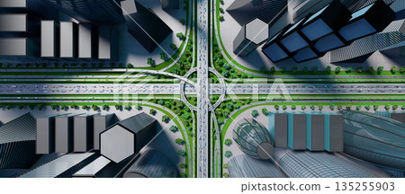 Highway intersection in the city with heavy traffic - 3D illustration Highway intersection in the city with heavy traffic - 3D illustration 135255903