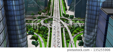 Highway intersection in the city with heavy traffic - 3D illustration Highway intersection in the city with heavy traffic - 3D illustration 135255906