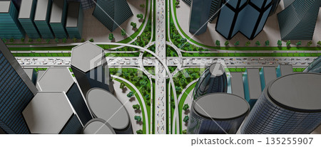 Highway intersection in the city with heavy traffic - 3D illustration 135255907