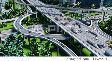 Highway intersection with roundabout and traffic - 3D illustration 135255919