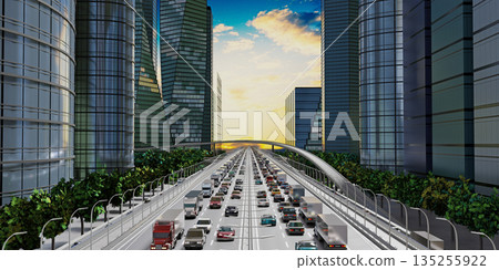 Highway in the city with heavy traffic, skyscrapers - 3D illustration 135255922