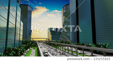 Highway in the city with heavy traffic, skyscrapers - 3D illustration Highway in the city with heavy traffic, skyscrapers - 3D illustration 135255925