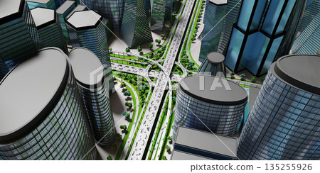 Highway intersection in the city with heavy traffic - 3D illustration 135255926