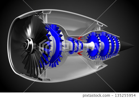 Cross section of jet engine isolated on black background 135255954