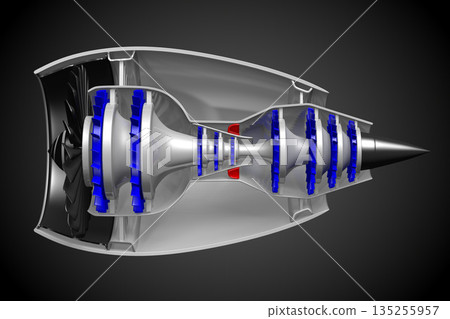Cross section of jet engine isolated on black background Cross section of jet engine isolated on black background 135255957