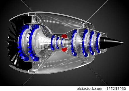 Cross section of jet engine isolated on black background 135255960