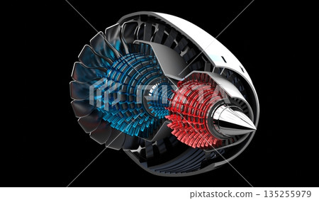 Jet engine inside - on black background - 3D illustration Jet engine inside - on black background - 3D illustration 135255979